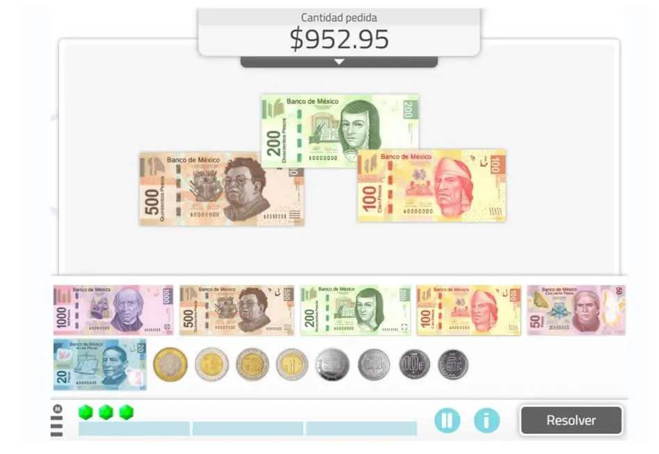 Interface de manuseio de dinheiro na NeuronUP com notas de peso mexicano, moedas, barra de progresso e o botão Resolver.