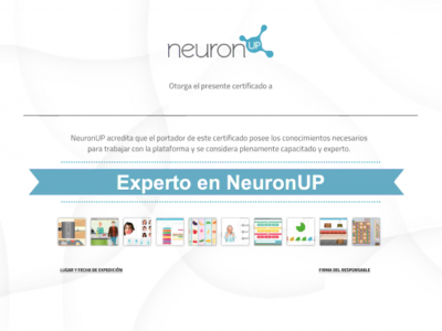 Certificado da NeuronUP exibido na tela, com logotipo, assinatura e selo, indicando que pertence à categoria 'Especialista em NeuronUP'.