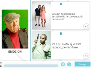 Seções A e B: um casal conversando e um homem de cabelo raspado se penteando, com um terceiro personagem mais velho sugerindo emoção.