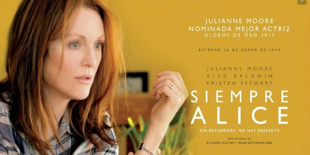 Cartaz promocional do filme Sempre Alice, com a protagonista contemplativa e detalhes do cartaz.
