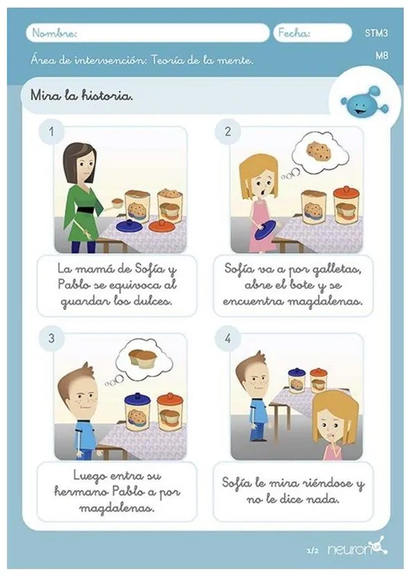 Storyboard de cuatro viñetas que narra una historia familiar con una madre, Sofía y Pablo, y dulces.