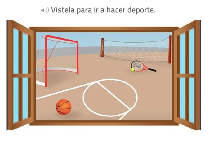 Vista a través de una ventana de una cancha interior con canasta, portería, red de voleibol, raqueta y balón, con texto superior.