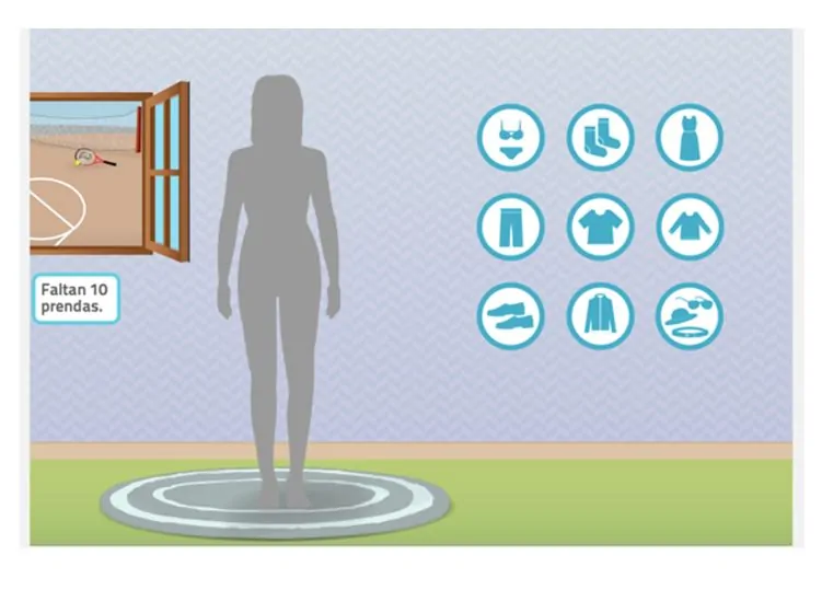 Figura femenina en silueta centrada en un espacio clínico, con ventana a la izquierda y íconos de ropa a la derecha.