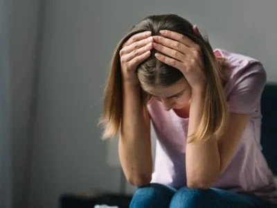 Plano fechado de uma jovem com expressão triste, segurando a cabeça com as duas mãos diante de um fundo neutro.
