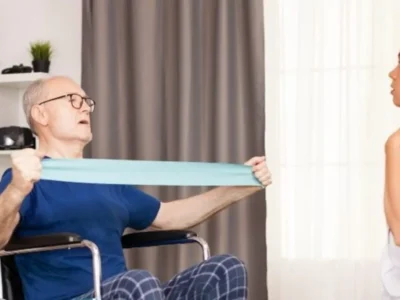 Idoso sentado em uma cadeira de rodas realiza exercícios com faixa de resistência azul em casa, supervisionado por uma enfermeira.