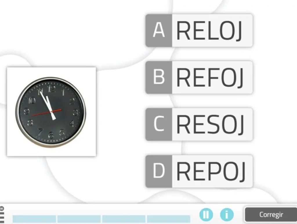 Atividade da NeuronUP "Nome correto de uma imagem" Interface de questionário educativo com um relógio em fundo escuro e quatro opções de palavras; pergunta-se qual é a correta ('RELÓGIO').