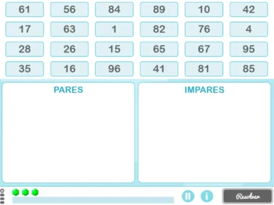 Grade numérica em interface educacional: números distribuídos em células, com seções PARES e ÍMPARES e botão Resolver.