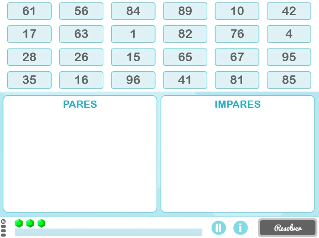Captura de tela da interface NeuronUP com grade de números, duas colunas Pares e Ímpares, botão Restaurar e ícones de contagem.