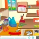 Sala de aula colorida com mochila azul, cadernos e material escolar; estantes, quadro com calendário, uma bola, um skate e um urso de pelúcia nas estantes.