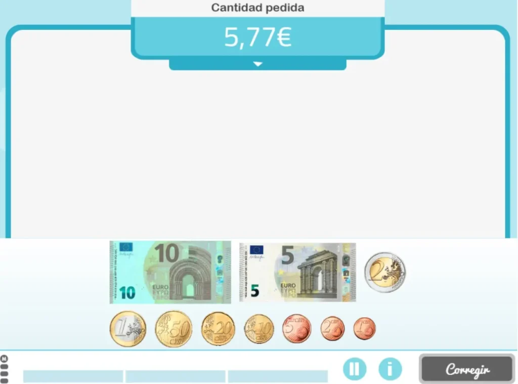 Interface de transação monetária na sala de aula: mostra a quantia solicitada, notas e moedas em euros e um botão Obter.