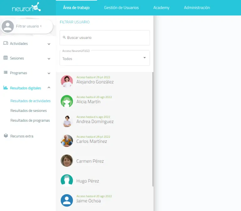 Interface de resultados do NeuronUP com filtro por usuário, lista de nomes e barra de busca visível.