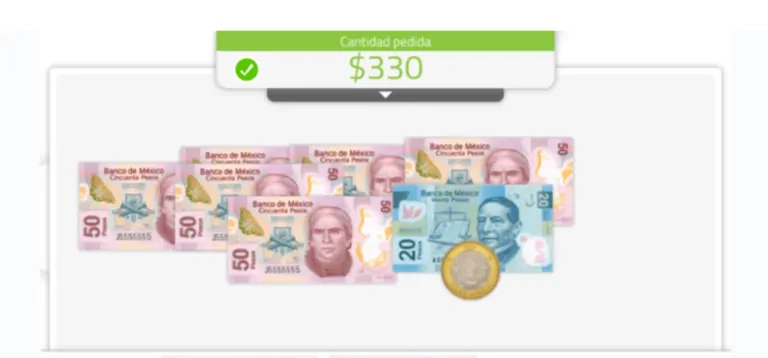 Várias notas de $50 e uma de $20, uma moeda de $10 e um total de $330 com um indicador na parte superior.