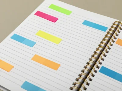 Caderno aberto visto de cima com páginas em branco e marcadores coloridos; espiral dourada lateral e fundo neutro.