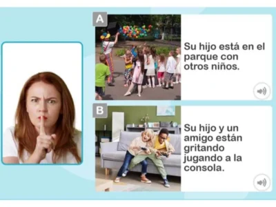 Grupo de crianças em cognição social: parque com palhaço e balões, e sala com videogames, para aprender a expressar emoções.