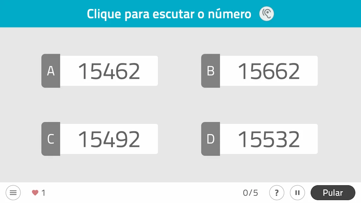 Interface do NeuronUP: Discriminação de números com quatro quadros 8356, 8616, 8776, 8316; botão ouvir e contador 0/5.