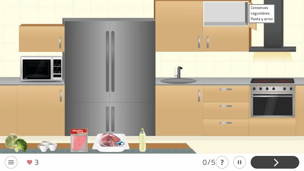 Interface da NeuronUP com a atividade Arrume a cozinha: fichas de utensílios alinhadas para completar a sequência correta.