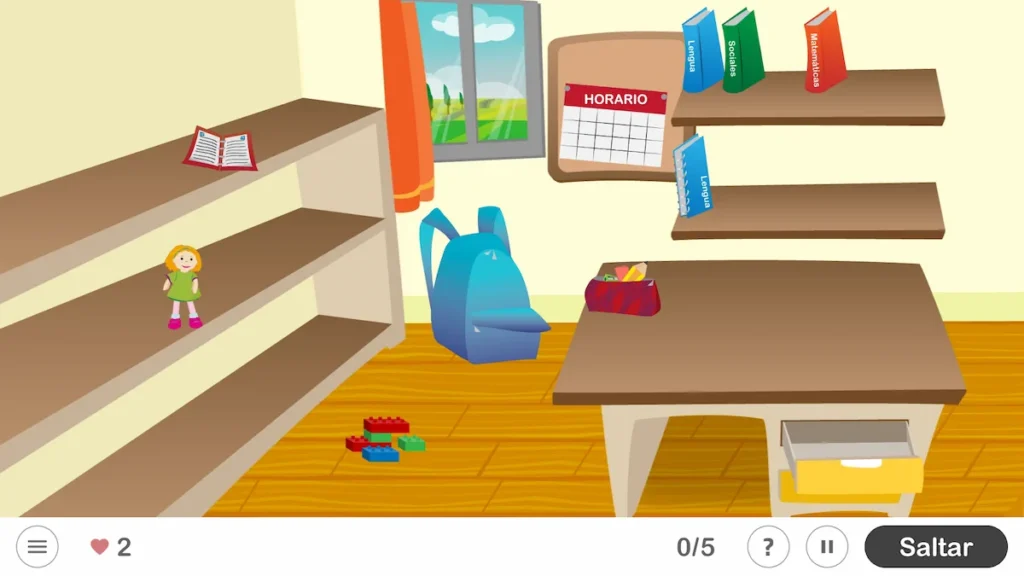 Quarto infantil colorido com a tarefa de preparar a mochila: mochila azul, caixa vermelha, blocos, calendário e boneca.