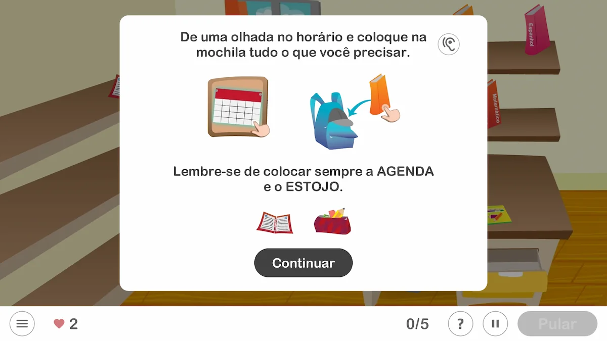 Interface do NeuronUP mostrando uma tarefa para preparar a mochila em uma sala de aula, com prateleiras e um personagem animado.
