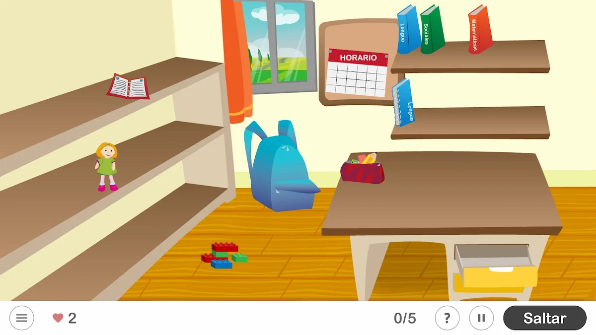 Quarto infantil colorido com a tarefa de preparar a mochila: mochila azul, caixa vermelha, blocos, calendário e boneca.