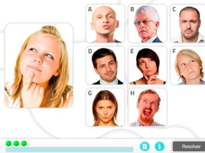 Grade de retratos com expressões faciais variadas e um painel de controle com botões na parte inferior.