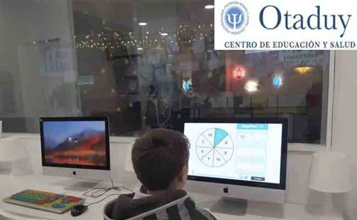 Menino diante de um computador com dois monitores, um com gráfico de pizza; ao fundo, Otaduy Centro de Educação e Saúde.