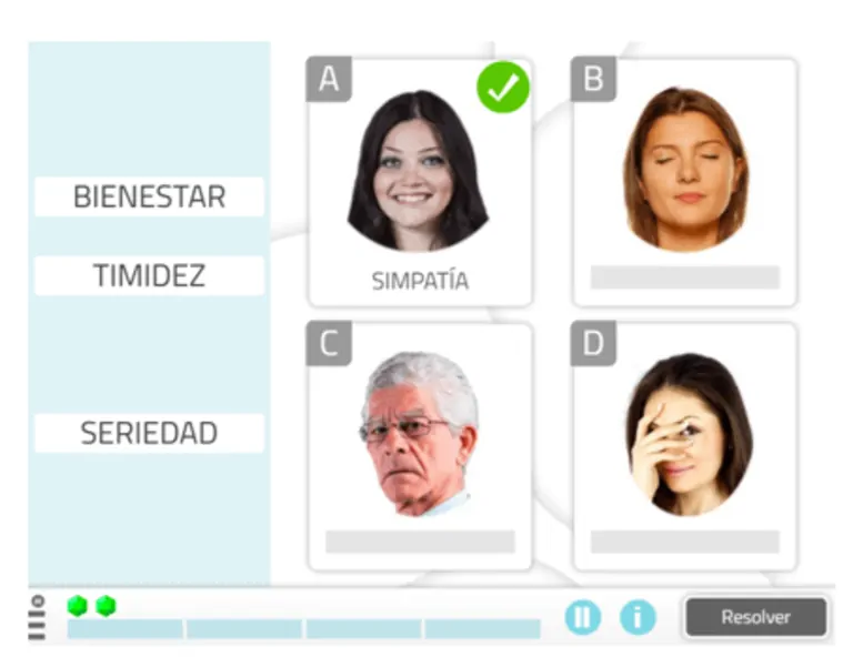 Quatro retratos com etiquetas de emoção (SIMPATIA, BEM-ESTAR, TIMIDEZ, SERIEDADE) e uma marca de verificação para associar emoção e palavra.