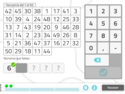 Interface do NeuronUP: grade 7×7 com números 1–50 e lacunas; painel de seleção à direita.