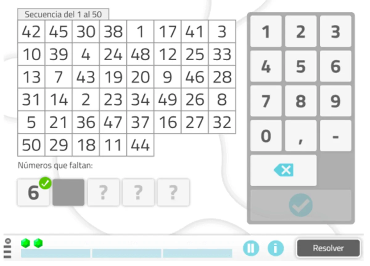 Interface do NeuronUP: grade 7x7 com números de 1 a 50 e espaços em branco; painel de seleção à direita.