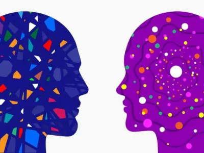 Ilustração com duas silhuetas de cabeças, masculina escura e feminina vibrante, sobre fundo roxo.