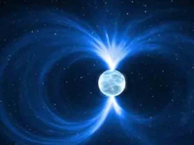 Representação artística em azul de um objeto astronômico com esfera central e fluxos de energia, contra um fundo estrelado.