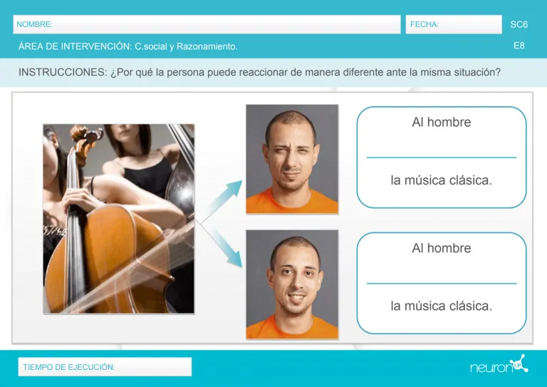 Cena educativa de cognição social: à esquerda um violoncelista e à direita duas imagens de um homem com expressões diante da música.