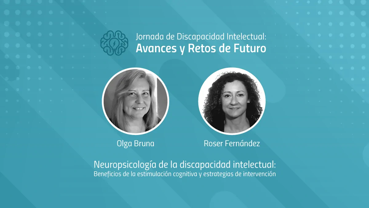 Oradores em um palco apresentam uma palestra sobre neuropsicologia da deficiência intelectual, com tela e cérebro.