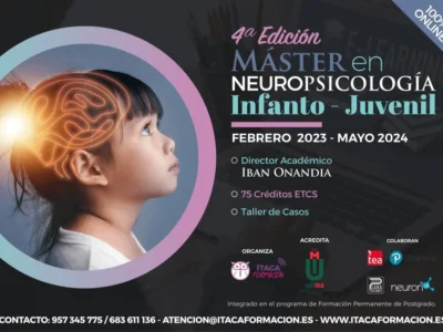 Cartaz promocional de um Mestrado em Neuropsicologia Infantojuvenil com iconografia educativa, figura infantil e cérebro.