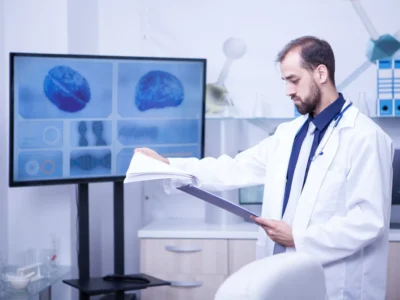 Pesquisador com jaleco revisa documentos em laboratório, diante de uma tela com dados para demência frontotemporal.