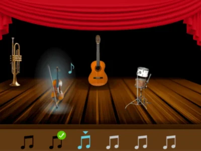 Cenário de palco com cortinas vermelhas e instrumentos (trompete, guitarra, violino e tambor) para um jogo de memória episódica em adultos.