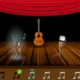 Cenário de palco com cortinas vermelhas e instrumentos (trompete, guitarra, violino e tambor) para um jogo de memória episódica em adultos.