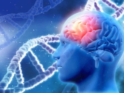 Perfil de uma cabeça com cérebro iluminado e ênfase em funções executivas; fundo com DNA e design cósmico em tons de azul e roxo.