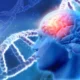 Perfil de uma cabeça com cérebro iluminado e ênfase em funções executivas; fundo com DNA e design cósmico em tons de azul e roxo.