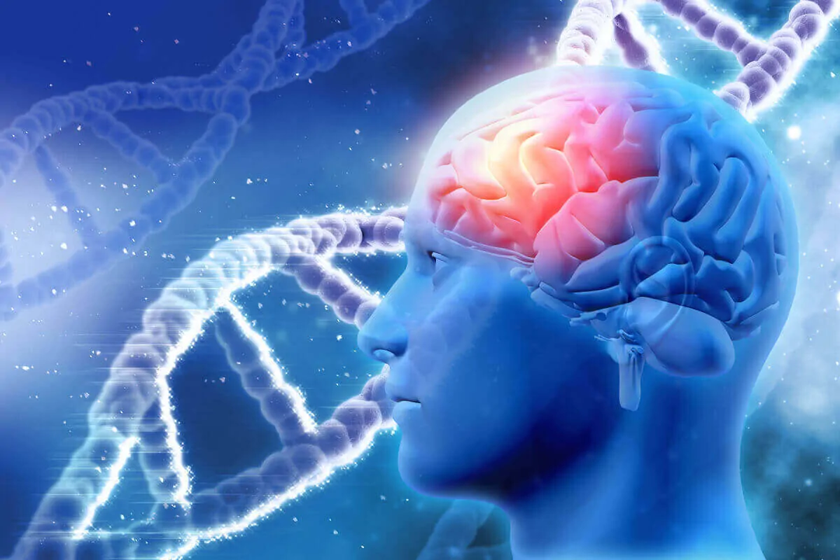 Perfil de uma cabeça com cérebro iluminado e ênfase nas funções executivas; fundo com DNA e design cósmico em tons de azul e roxo.
