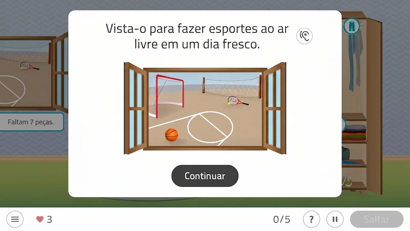 Interior com janela para uma área esportiva externa; quadra de basquete e gol, mensagem para vestir-se, pessoa idosa realiza exercícios de vestir e mobilidade em casa.