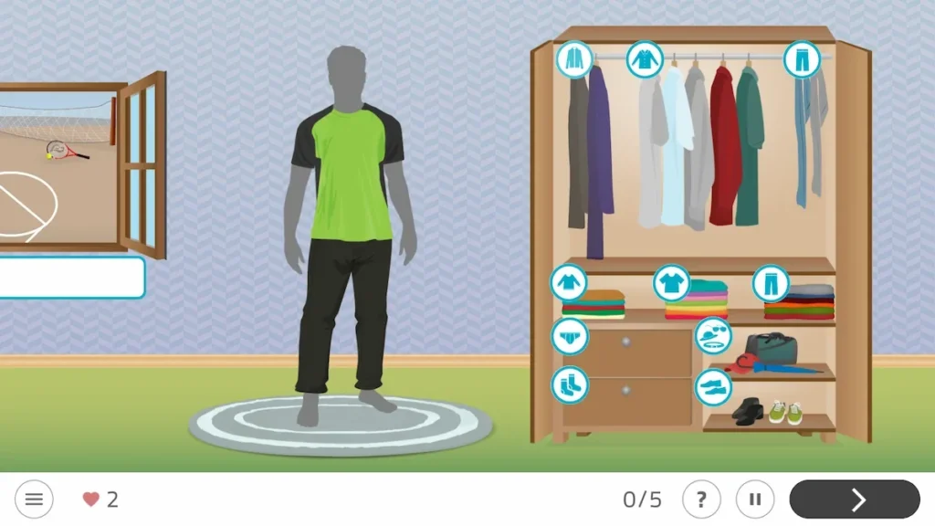 Homem adulto veste roupa esportiva em frente a um armário, durante uma atividade de vestir em terapia ocupacional em domicílio.