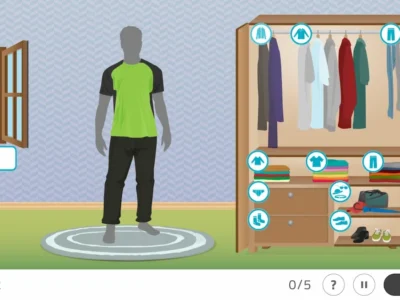 Homem adulto veste roupas esportivas frente a um armário, durante uma atividade de vestir na terapia ocupacional em domicílio.