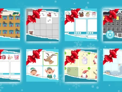 Captura do NeuronUP com uma grade de 8 cartões de estimulação cognitiva de Natal, fundo azul e laços vermelhos.