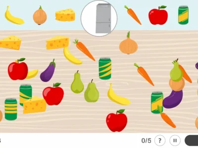 Interface do NeuronUP mostrando a atividade Procura e encontra, nível difícil, com alimentos, objetos e uma geladeira ao fundo.