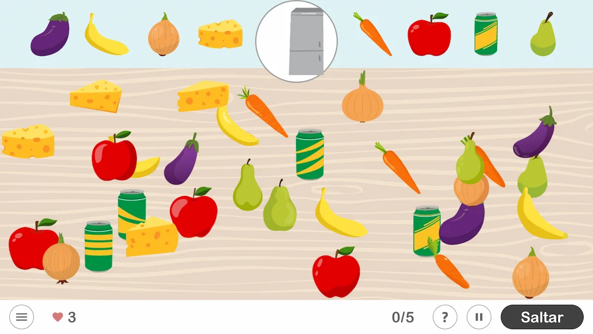 Interface do NeuronUP mostrando a atividade Procura e encontra, nível difícil, com alimentos, objetos e uma geladeira ao fundo.