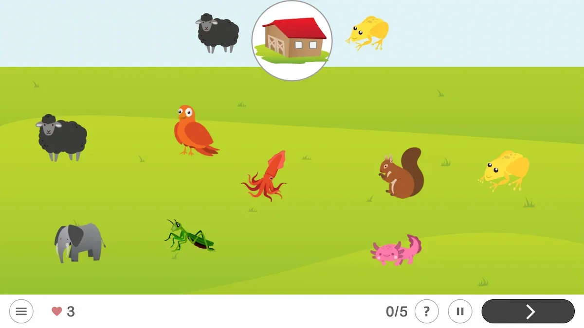 Interface do NeuronUP na atividade Procure e encontrará, nível fácil: paisagem com celeiro, animais e botão Pular.