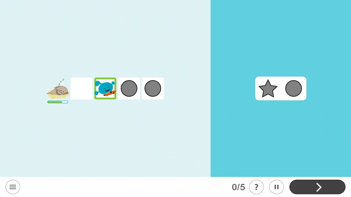 Interface do NeuronUP com a atividade Fuja do monstro nível fácil: foca e pássaro à esquerda, círculos cinza e contador 0/5.