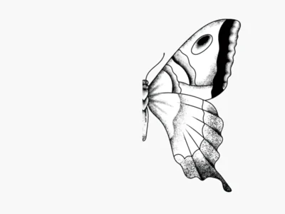 Borboleta em perfil com asas intrincadas, em branco e preto, sobre fundo branco, primeiro plano de texturas e padrões.