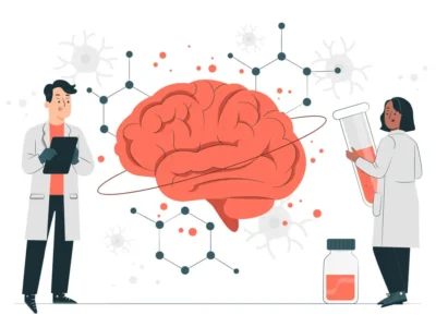 Dois cientistas de jaleco no laboratório observam um cérebro colorido entre gráficos moleculares, ambiente neurocientífico.
