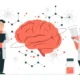 Dois cientistas de jaleco no laboratório observam um cérebro colorido entre gráficos moleculares, ambiente neurocientífico.